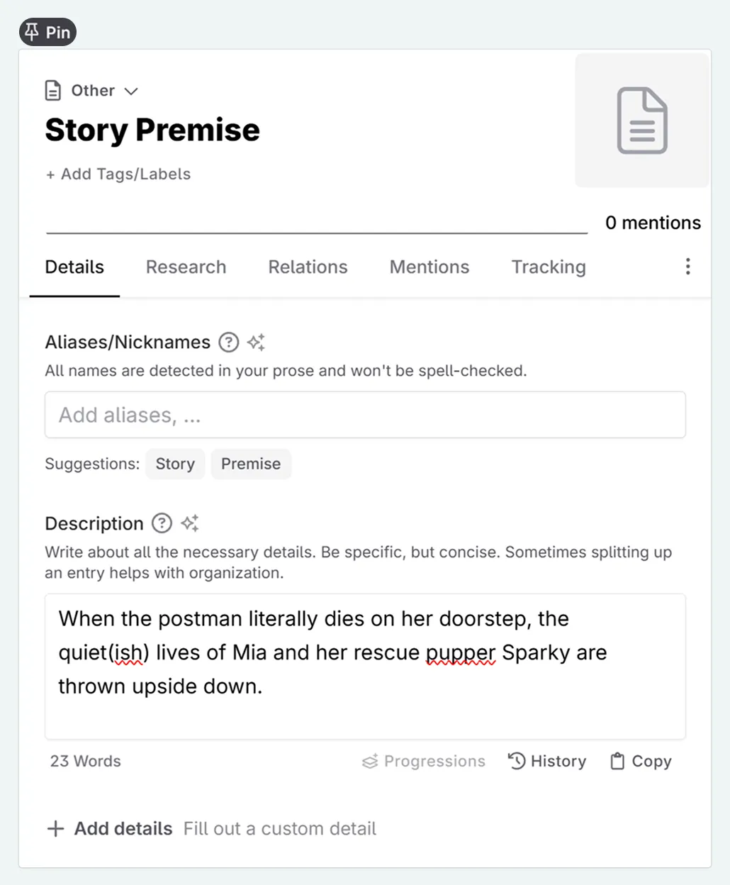a zoom in on a filled in story premise Codex entry