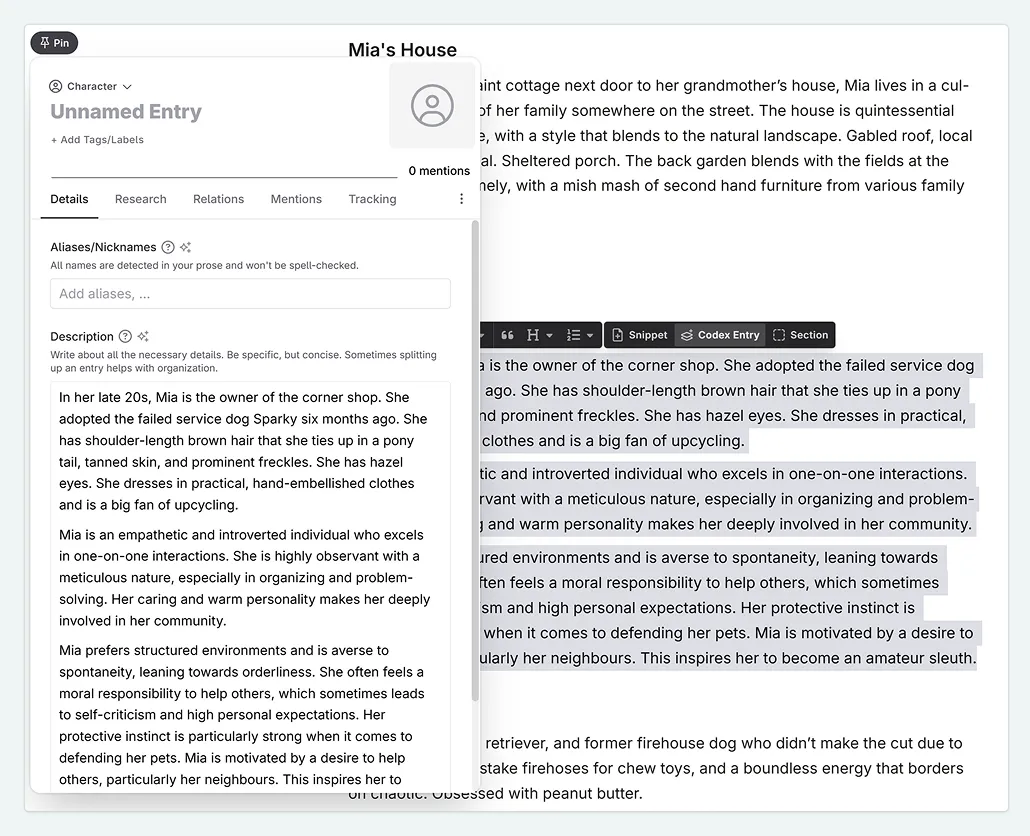 a zoom in on the brainstorming Snippet, with a large passage of text selected. This is overlaid with a Codex entry with an empty title and the selected text in the description