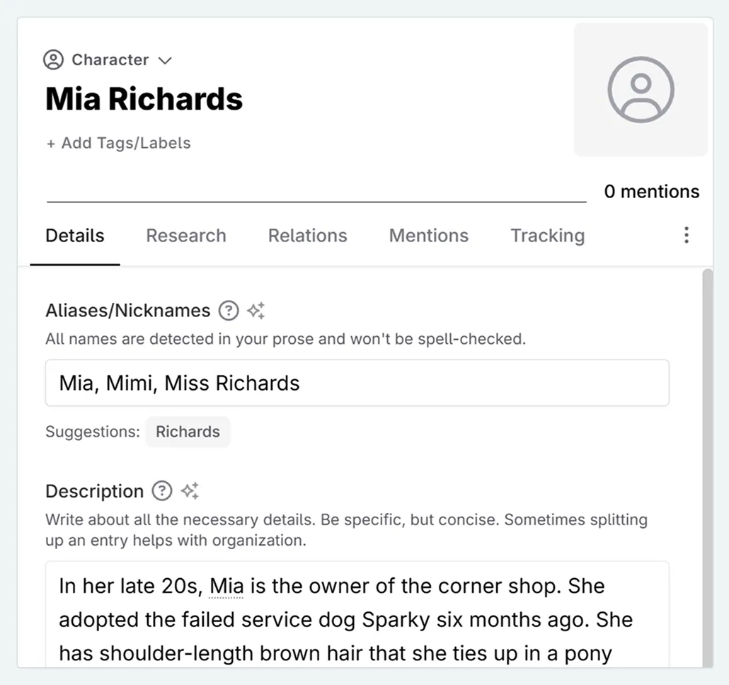 a zoom in on the Codex entry for Mia, with the title, aliases, and description filled out
