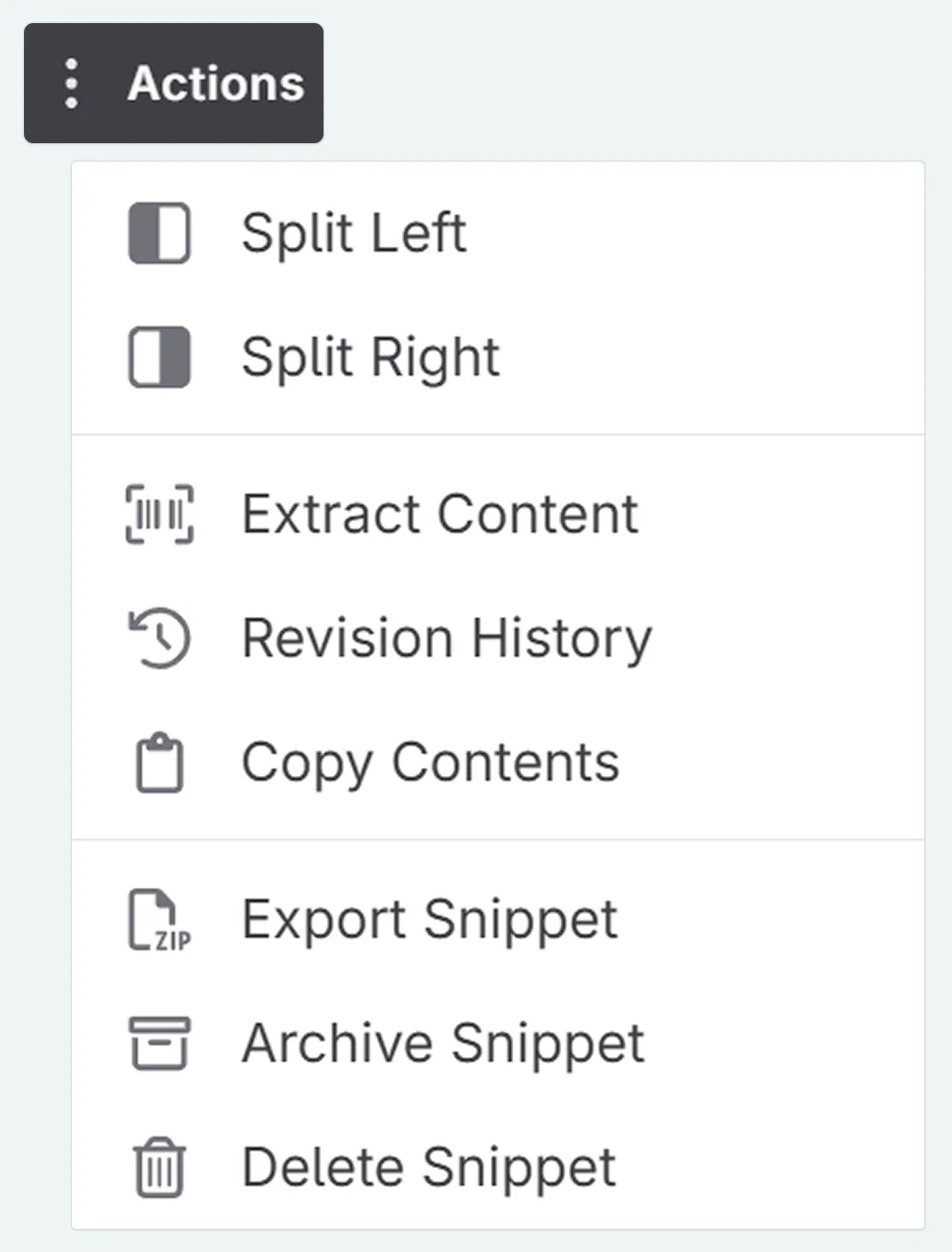 a zoom in of the actions menu associated with snippets