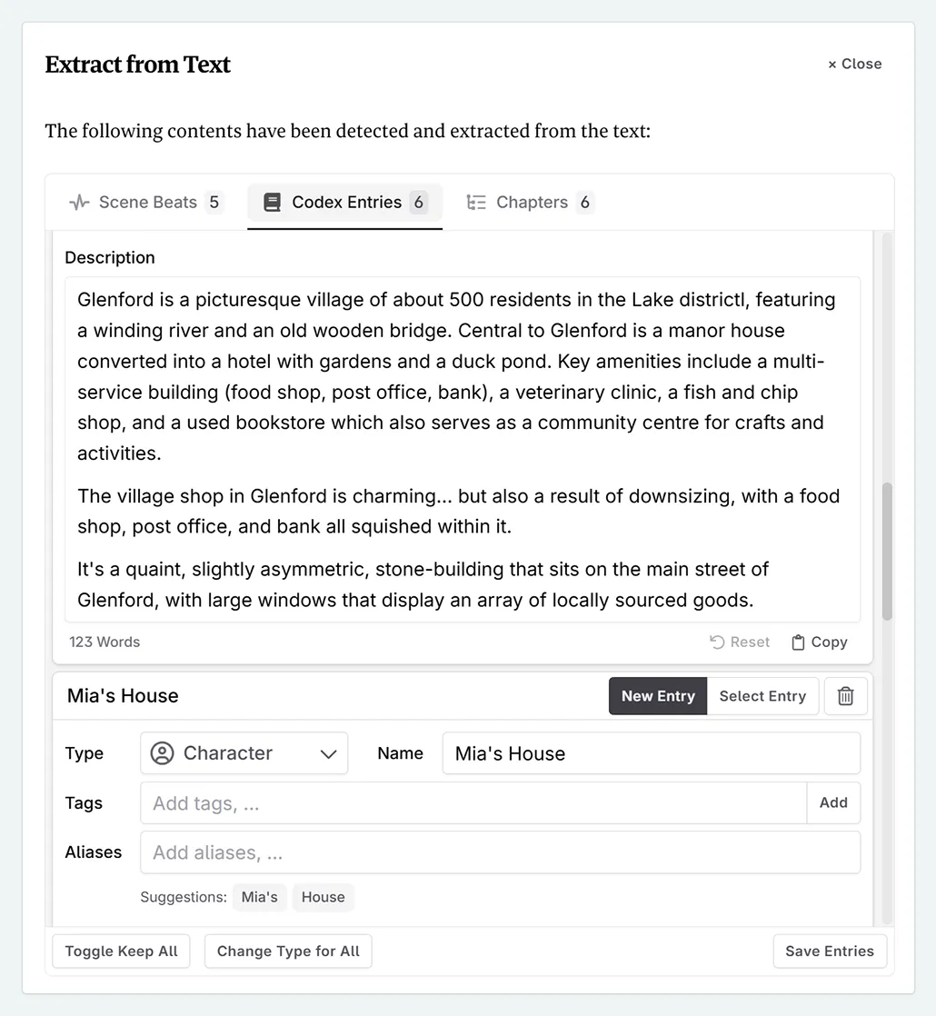 a zoom in of the extract modal, on the Codex entries tab