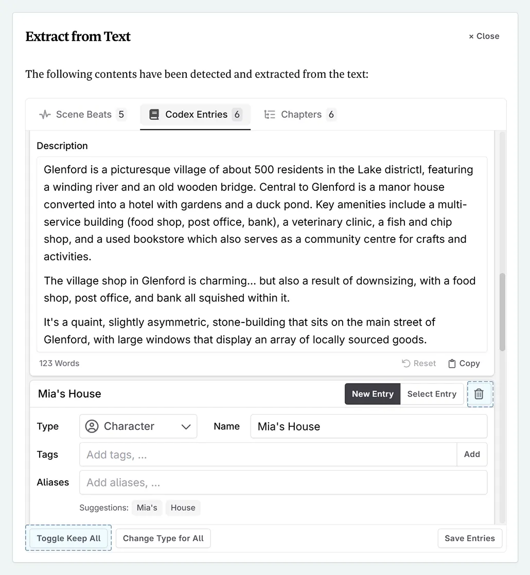 a zoom in of the extract modal, on the Codex entries tab. The options for toggling selected entries and to delete an entry are highlighted