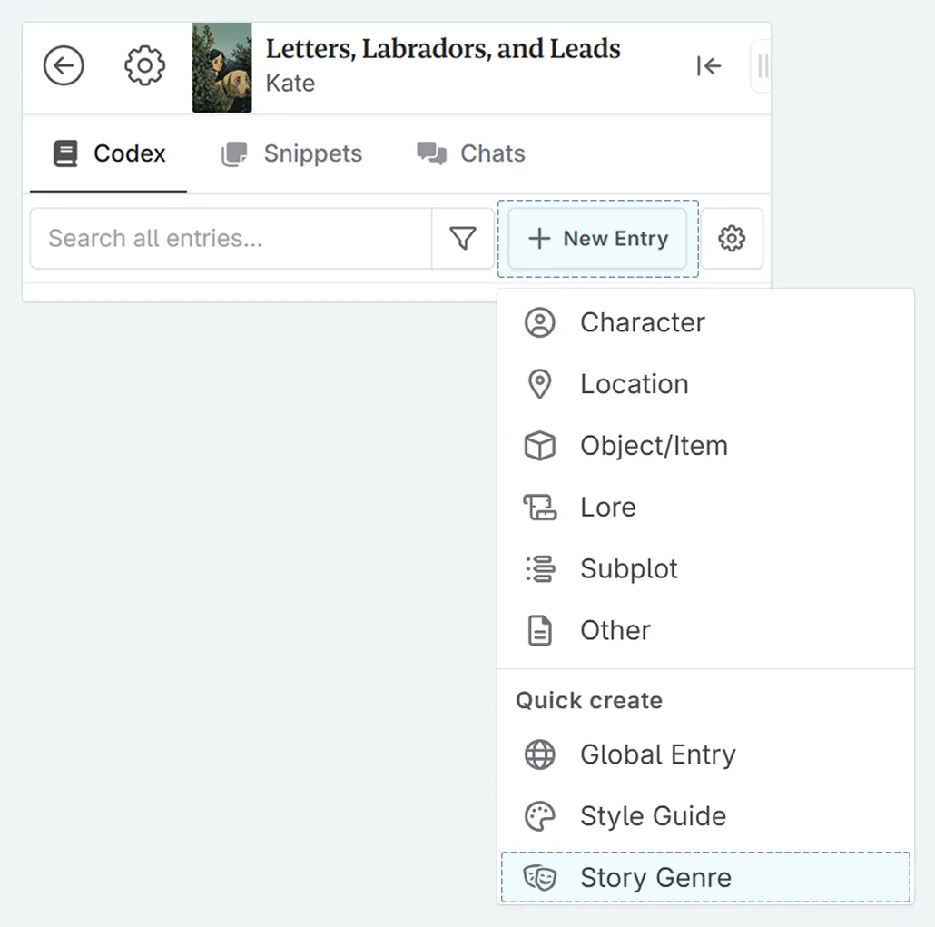 a zoom in of the top left of the interface, with + new entry and the story genre COdex type highlighted