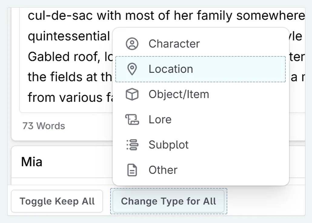 a zoom in of the bottom of the extract modal, with the change type for all and location Codex types highlighted