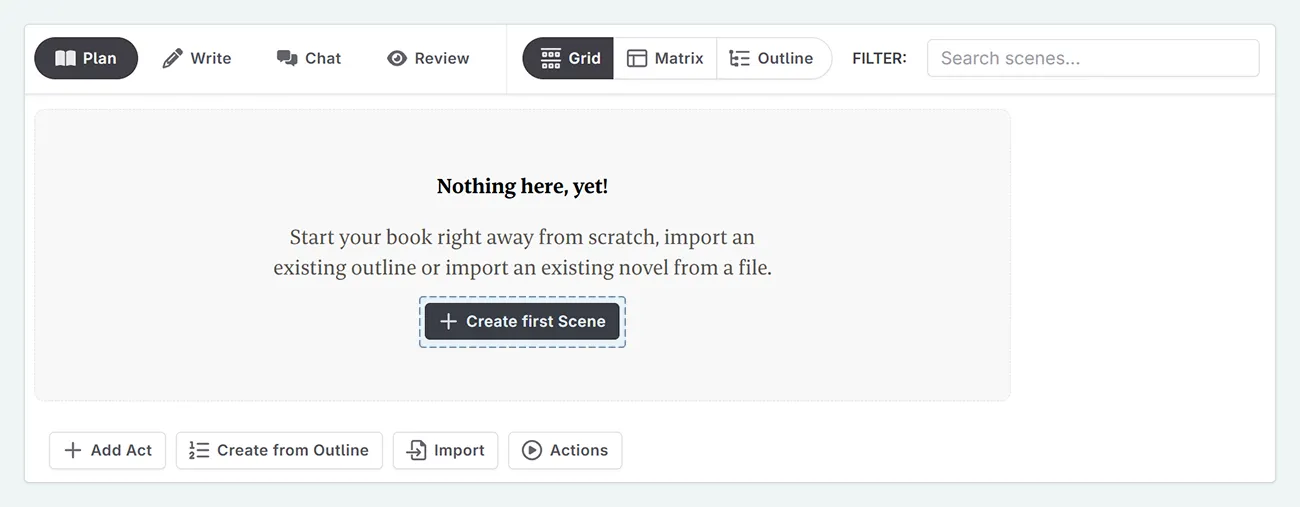 a zoom in of the Plan interface, with Create first scene highlighted