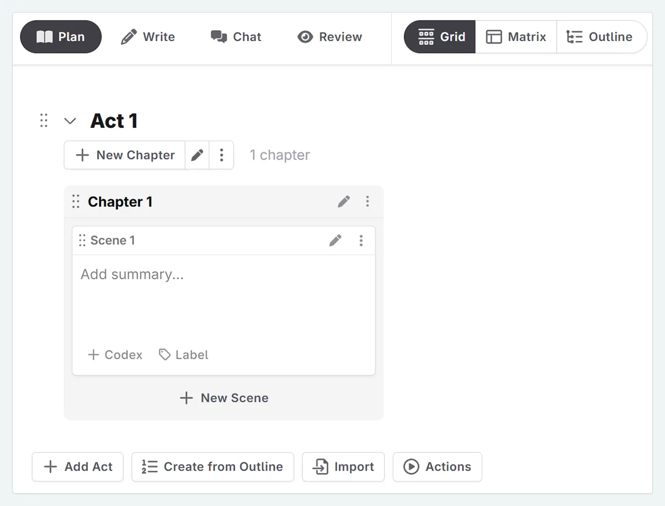a zoom in of the interface when one scene is added. It is empty, with no summary.
