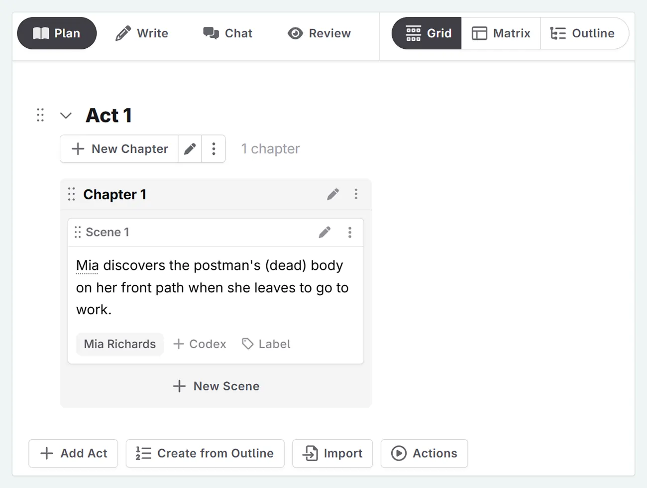 a zoom in of the interface when one scene is added. The scene summary section has been filled in with a short description.