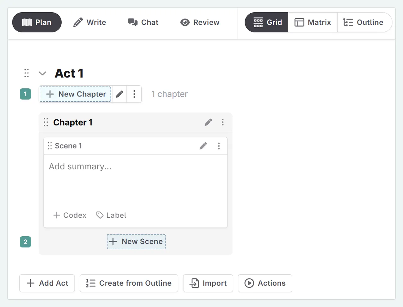 a zoom in of the interface when one scene is added. The + new chapter and + new scene buttons are highlighted.