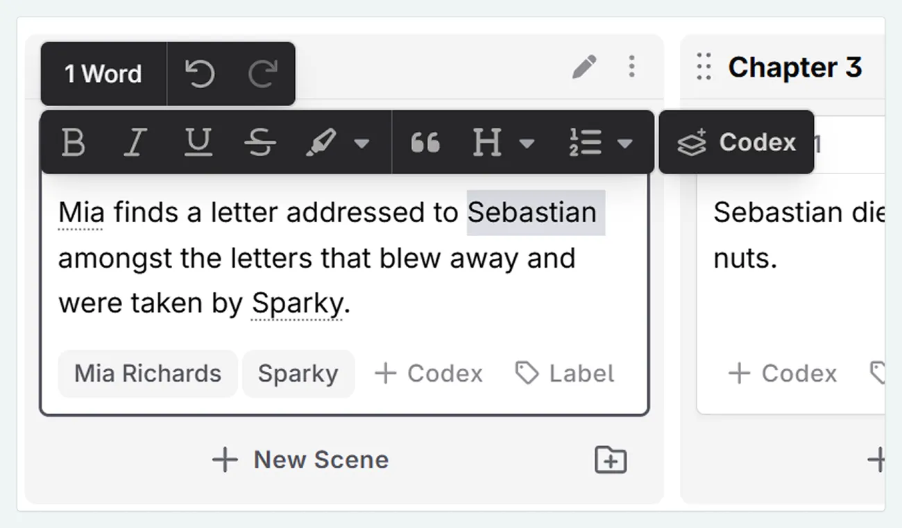 a zoom in of a scene summary with a name selected, showing the formatting menu