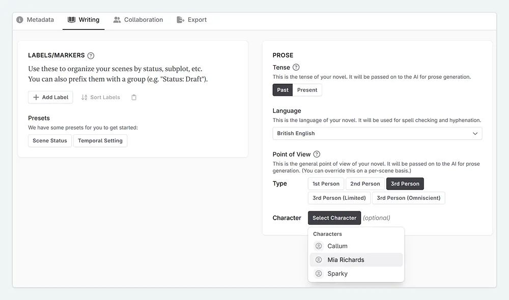 the writing tab of the novel settings. The POV has been changed and a character is selected
