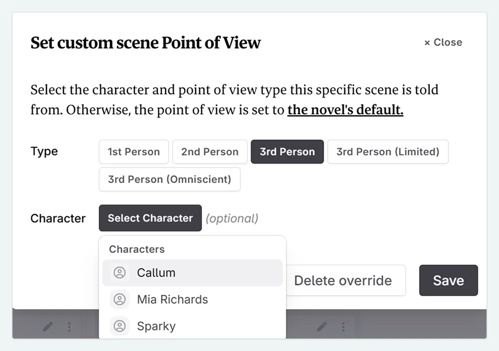 the pop up modal for changing scene pov. A new character is selected