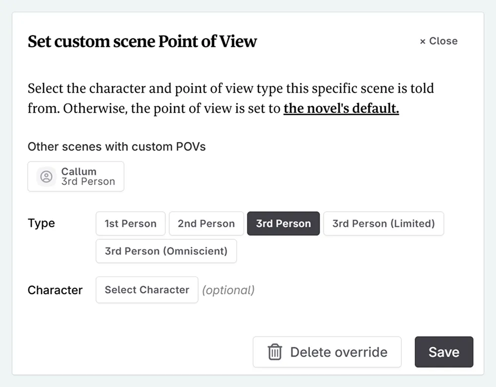 the pop up modal for changing scene pov, showing that you can now reselect a custom pov