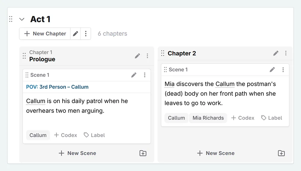 a zoom in of chapters in the plan interface. the first chapter has been renamed prologue, but still shows as chapter 1