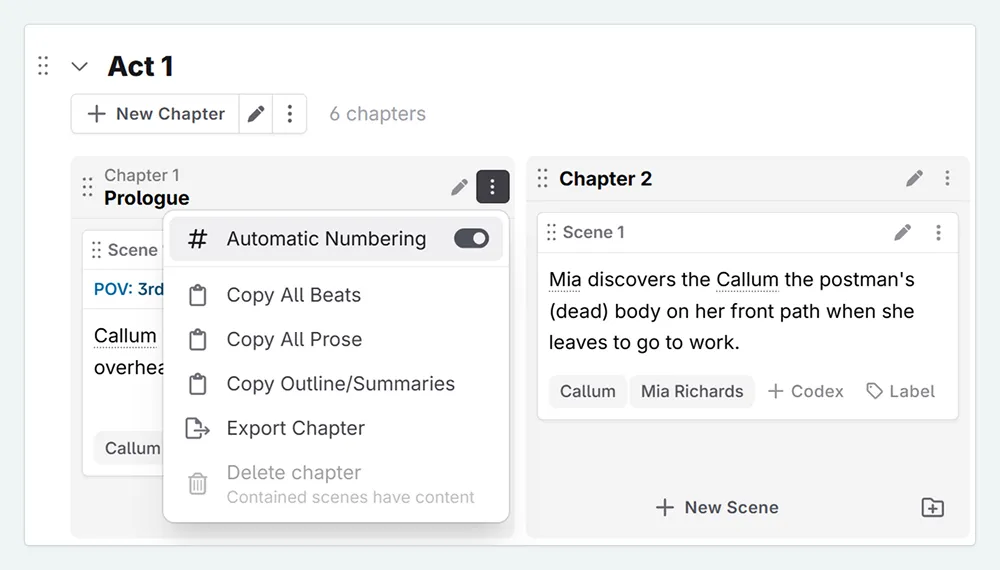 the chapter action menu for the prologue is selected, and the automatic numbering option highlighted