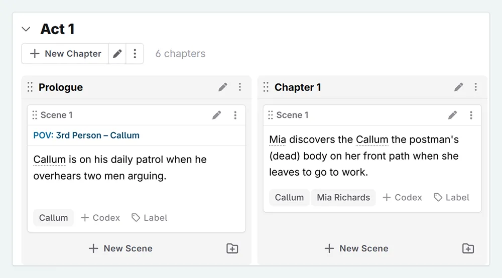 a zoom in of chapters in the plan interface. the first chapter has been renamed prologue, and chapter 2 is now renamed chapter 1
