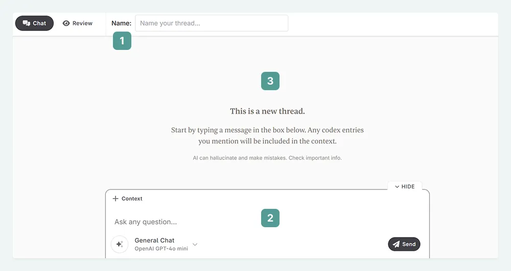 A zoom in of the Chat interface in Novelcrafter. The top bar, message box, and the space in between are numbered
