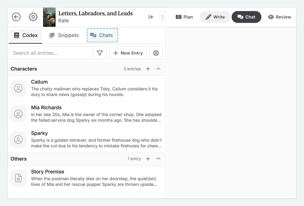 A zoom in of the Novelcrafter sidebar. The Chat tab is highlighted.