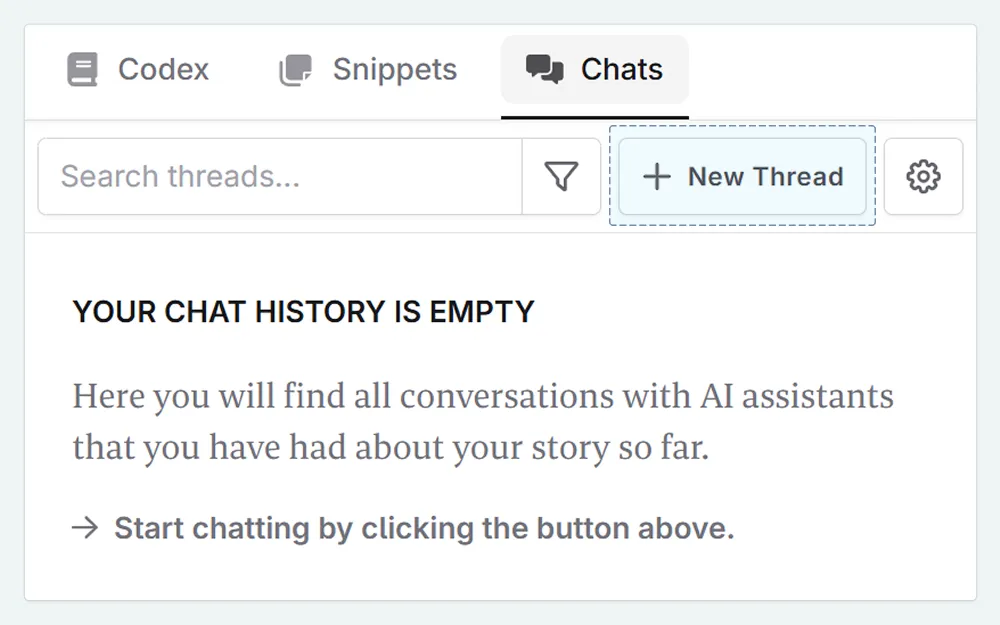 A zoom in of the Novelcrafter sidebar. In the Chat tab, + New Thread is selected.