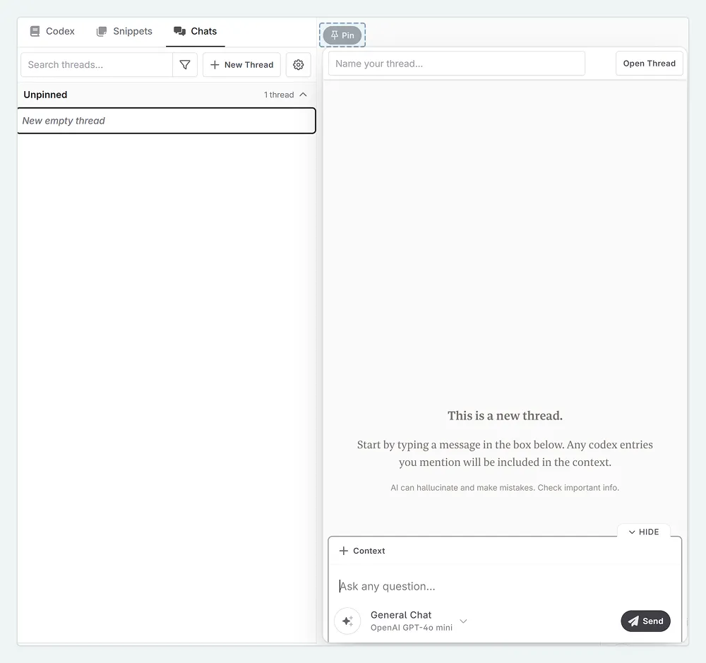 A zoom in of the Novelcrafter interface. Next to the sidebar is a floating chat thread.