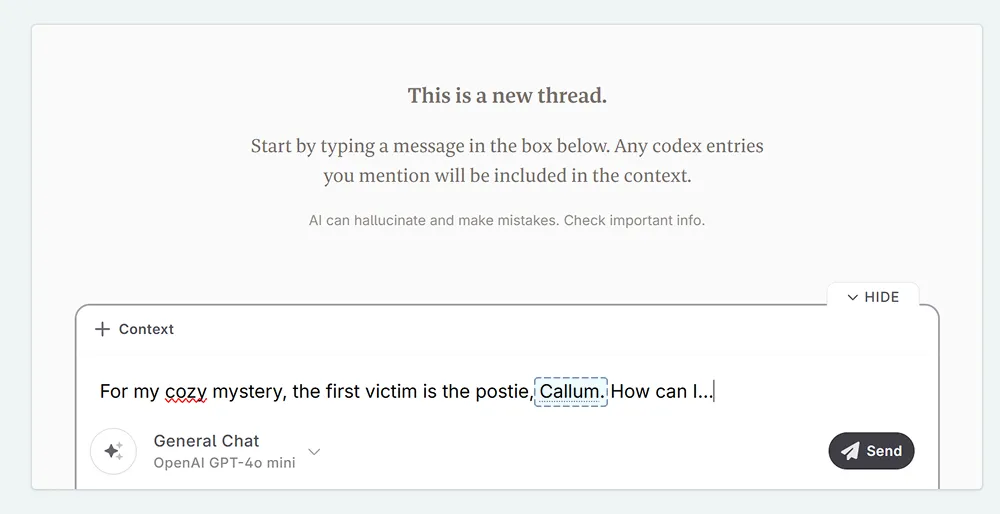 A zoom in of the Novelcrafter Chat. A message is typed in, and the name of a character is underlined as a mention.