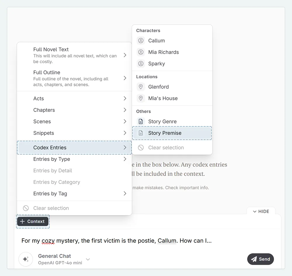 A zoom in of the Novelcrafter Chat. The + Context button has been clicked and the user is selecting a Codex entry.
