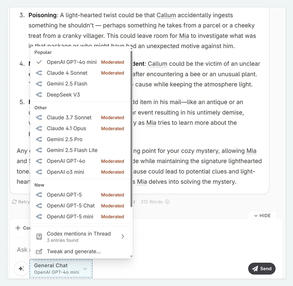 A zoom in of the Novelcrafter Chat. The user has clicked on the model name and is selecting a new model.