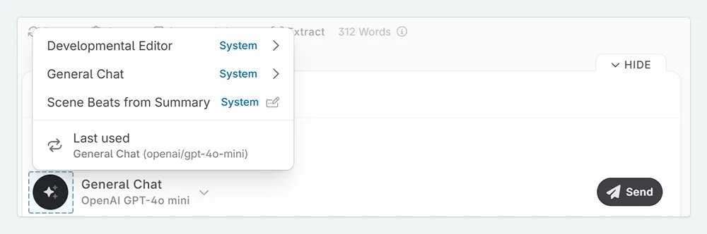 A zoom in of the Novelcrafter Chat. The AI sparkles have been selected, showing alternative Chat prompts.