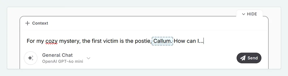 A zoom in of the Novelcrafter Chat. A message is typed in, and the name of a character is underlined as a mention.