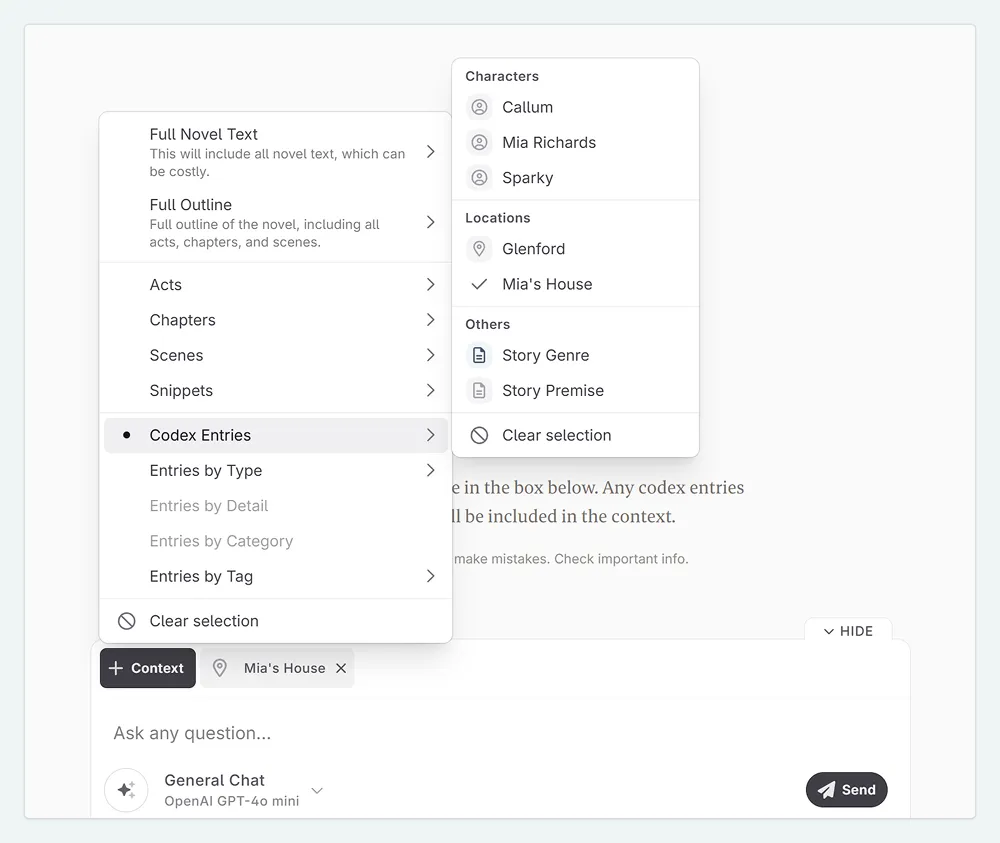 A zoom in of the Novelcrafter Chat. The + Context button has been clicked and the user is selecting a Codex entry.