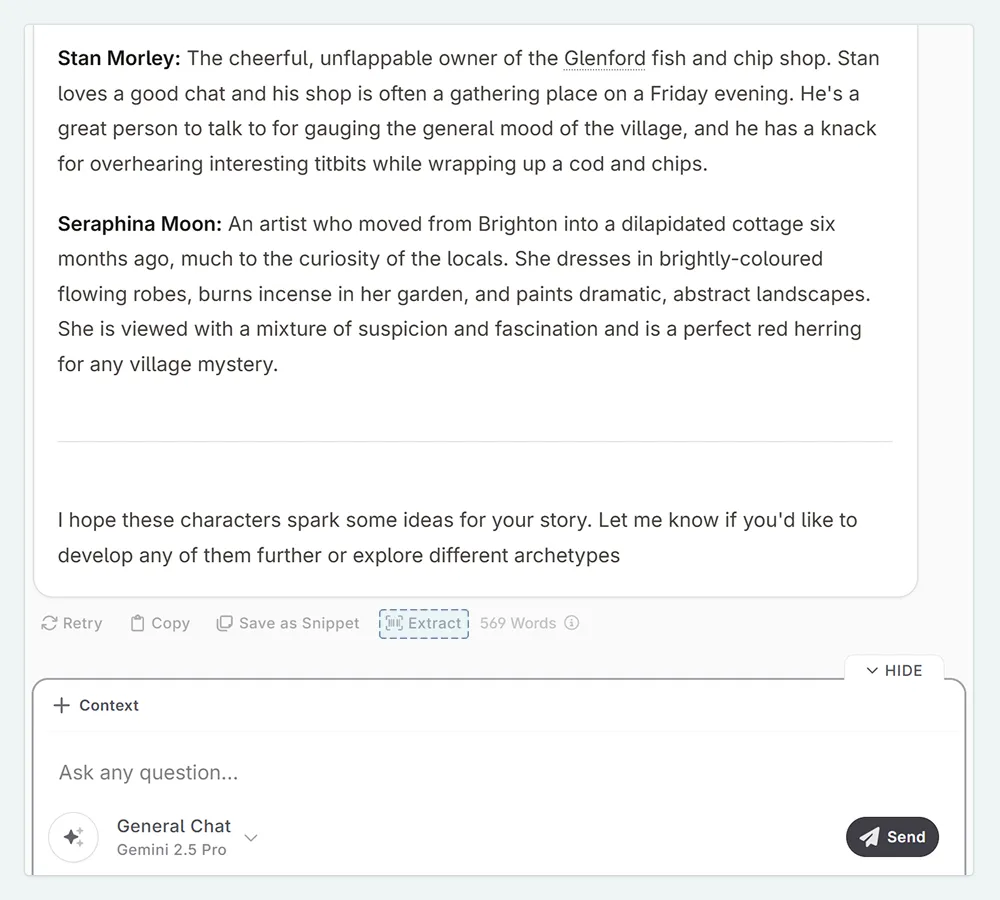 A zoom in of the Novelcrafter Chat, showing where to find the extract button below an AI response.