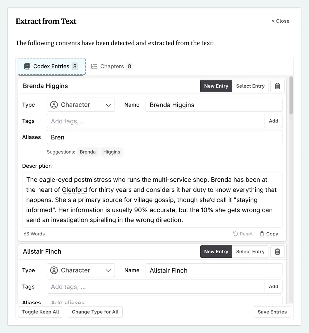 A zoom in of the extract pop-up, showing the Codex Entries section.