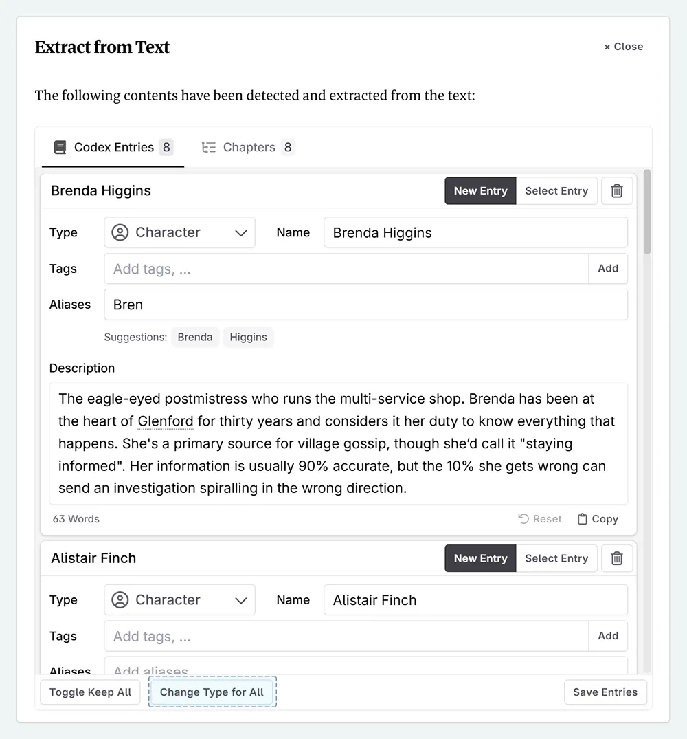 A zoom in of the extract pop-up, showing the Codex Entries section. The 'change type for all' button at the bottom is highlighted.