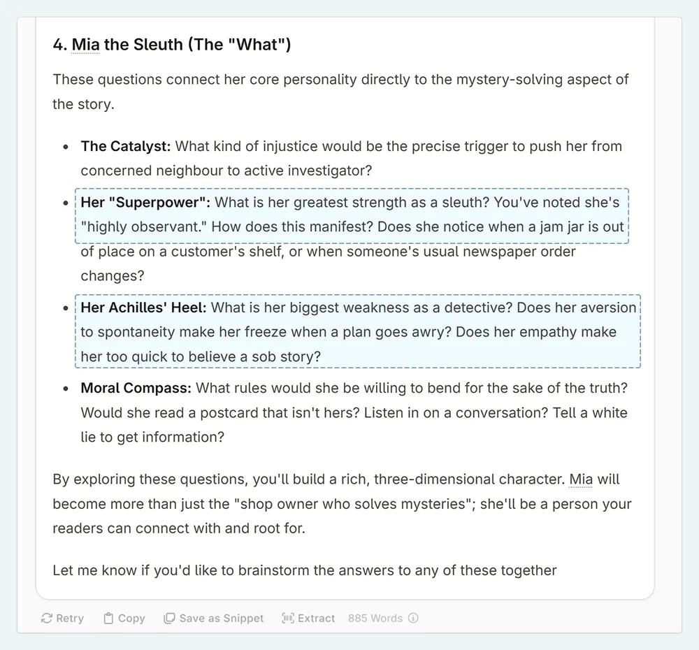 A zoom in of the Novelcrafter Chat. In the AI response to a question, phrases have been highlighted to indicate where aspects of the Codex entry have been referred.