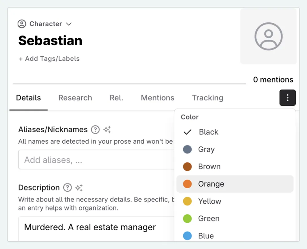 A close up of a Codex entry, showing the actions menu, and various colours your can select