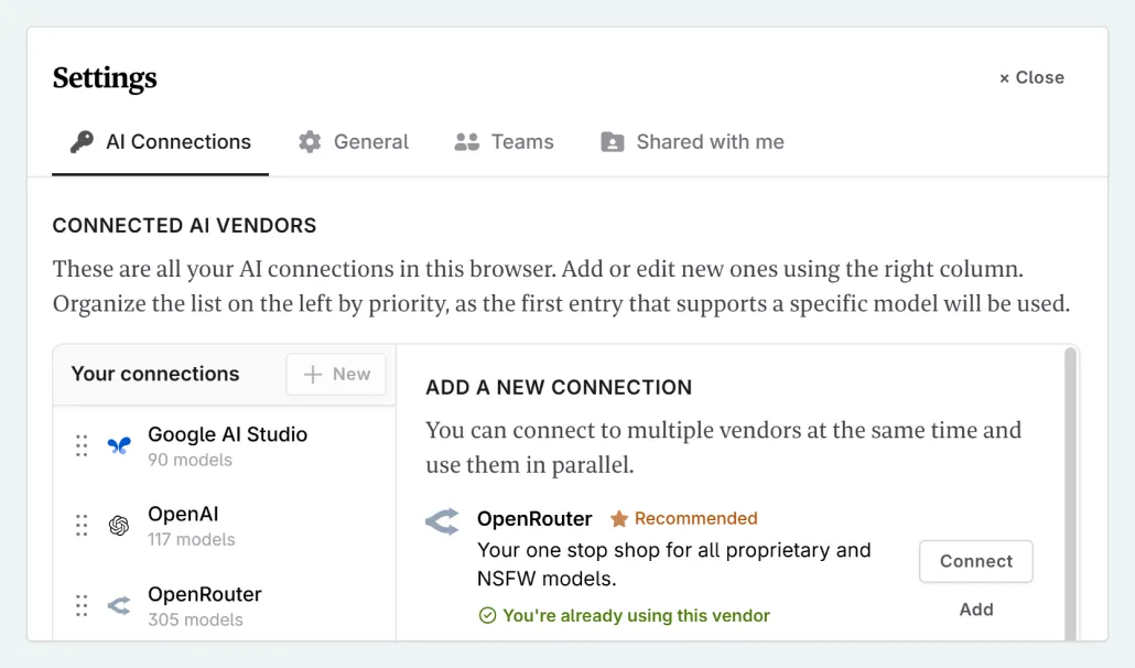 AI Connections dialog