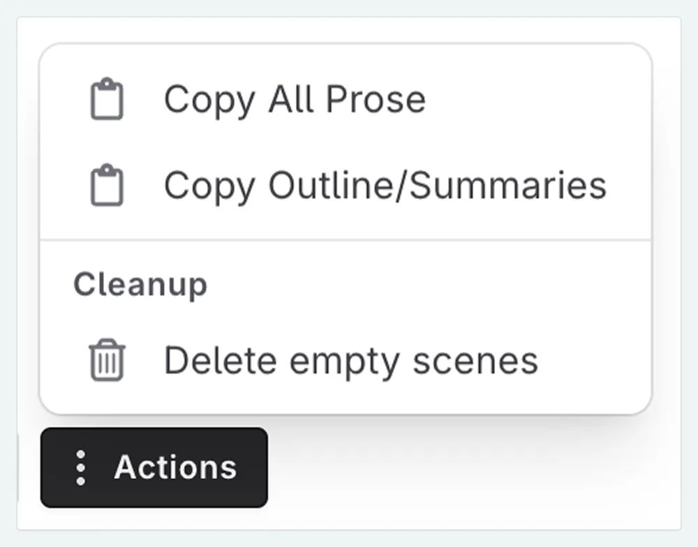 Actions menu for the whole novel