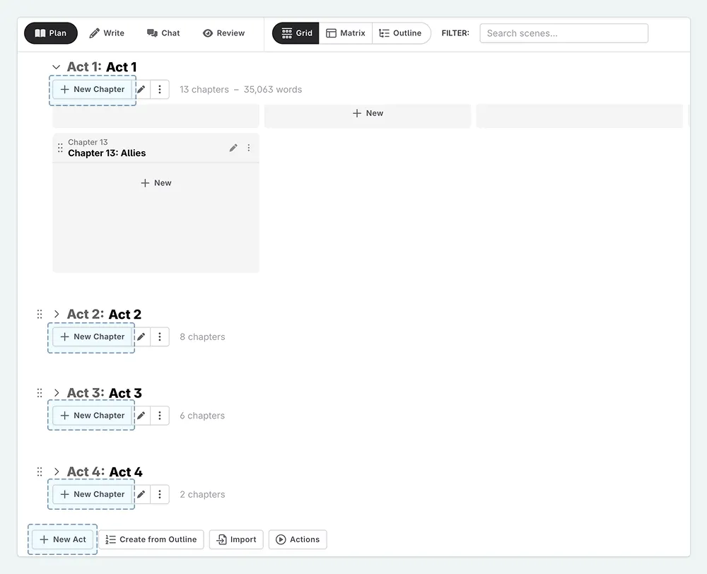 Adding a new act or chapter in the Plan interface