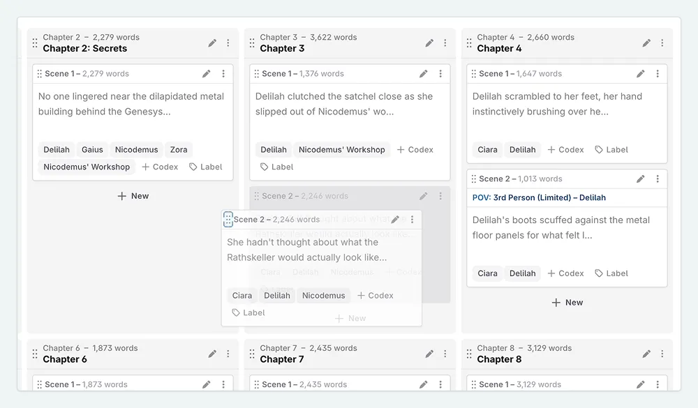Click and drag to move acts, chapters, and scenes