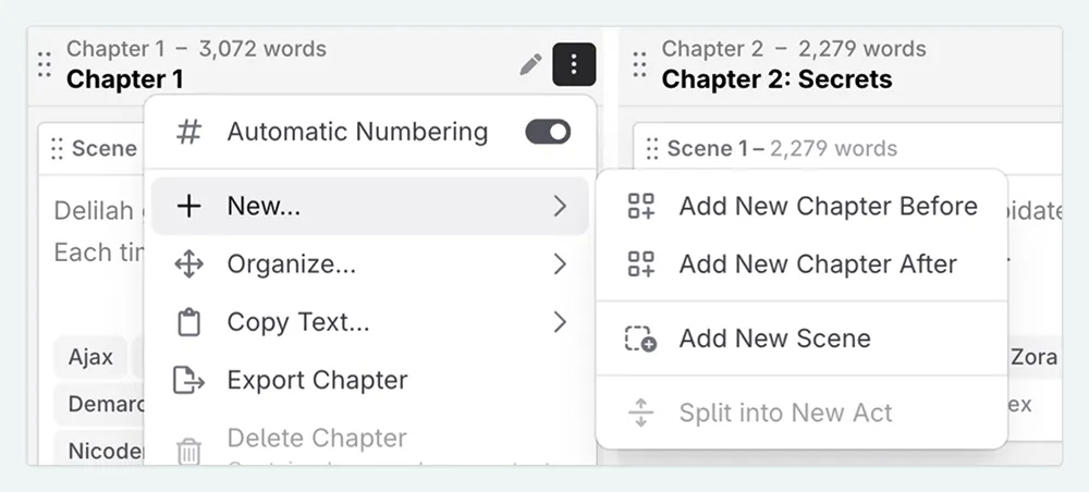 The chapter action menu