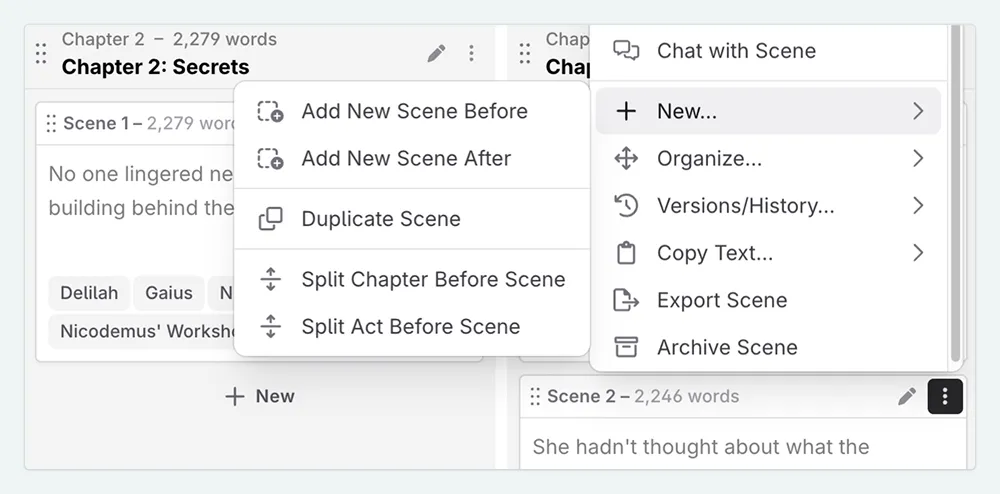 The scene action menu
