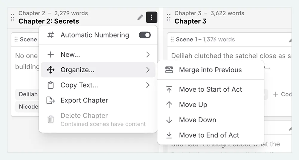 The chapter organize menu