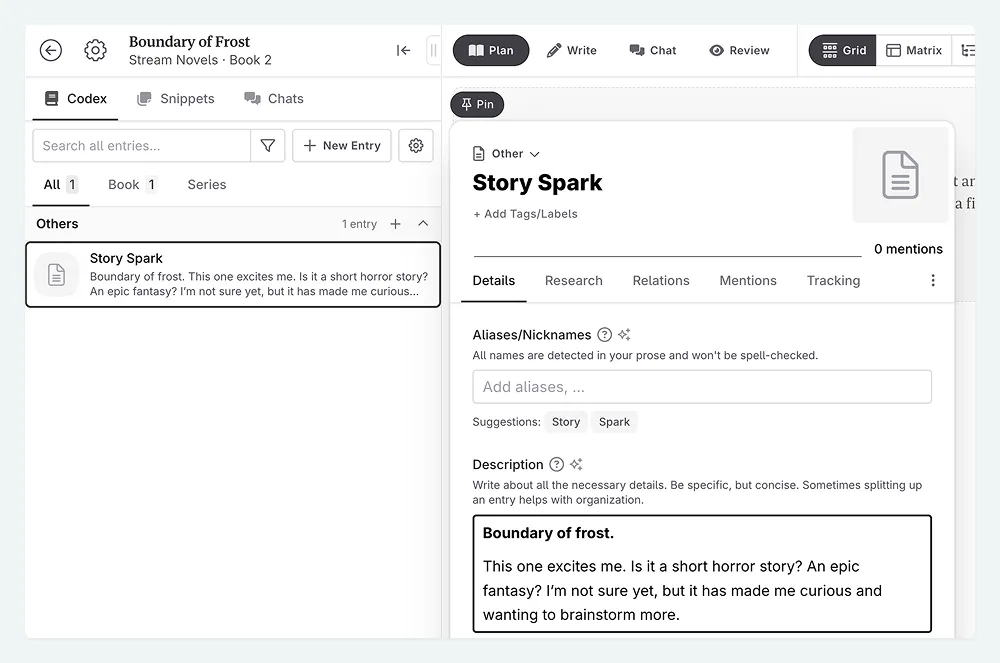 a zoom in of Novelcrafter, in a new novel and with the new idea put in a Codex entry