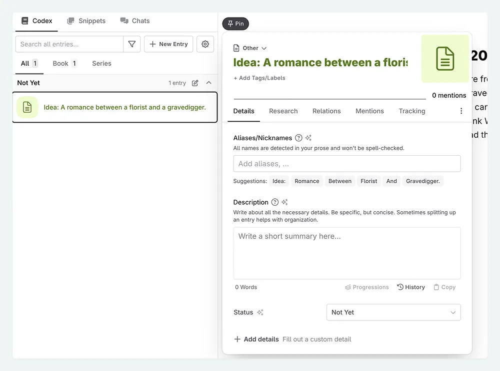 a zoom in of Novelcrafter, with a Codex entry for a not yet idea.