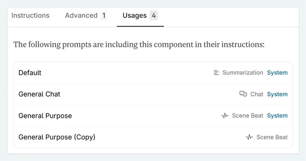 Prompt component anatomy usages tab