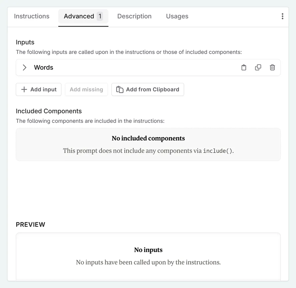 Prompt component anatomy advanced tab