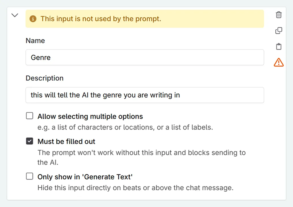 creating a prompt input - settings