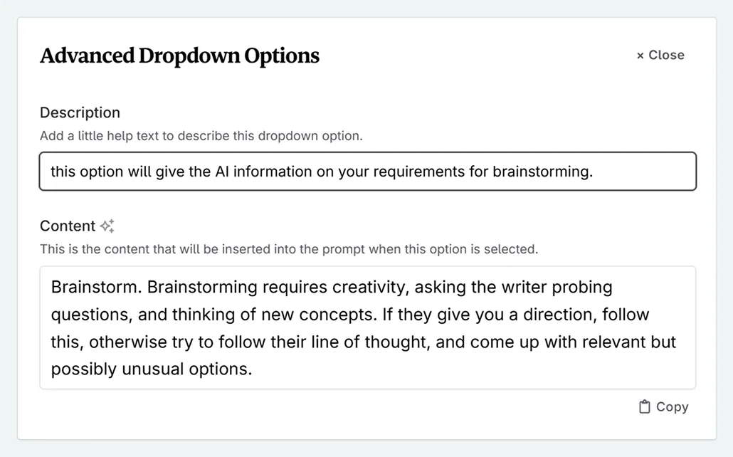 prompt input examples adding information to dropdowns