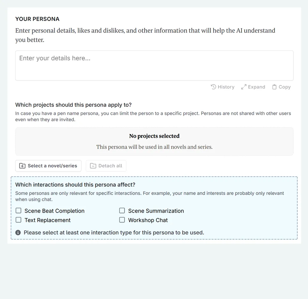 creating a persona in Novelcrafter