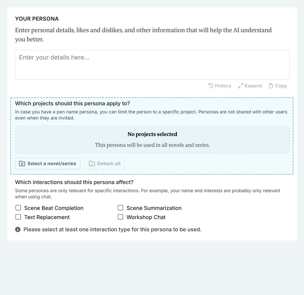 creating a persona in Novelcrafter