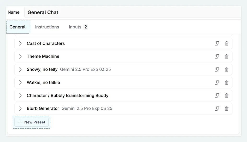 creating a new preset in Novelcrafter